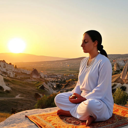 Home 11 **A serene person meditating outdoors at sunset. Focus on inner peace and mindfulness. Golden hour lighting, peaceful expression, natural Turkish landscape in the background (e.g., Cappadocia or a coastal scene).**
