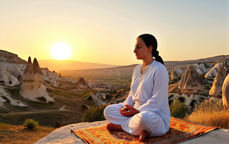 **A serene person meditating outdoors at sunset. Focus on inner peace and mindfulness. Golden hour lighting, peaceful expression, natural Turkish landscape in the background (e.g., Cappadocia or a coastal scene).**