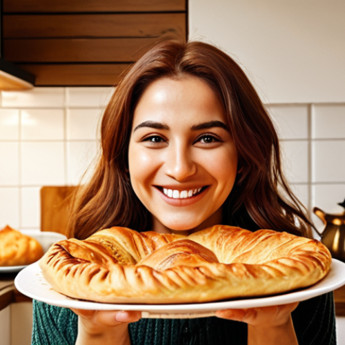 Home 6 **Experienced food blogger in a cozy kitchen, smiling while holding a freshly baked, golden-brown "börek" (Turkish savory pastry). Natural light, warm tones.** (Focus: Experience, Turkish cuisine)