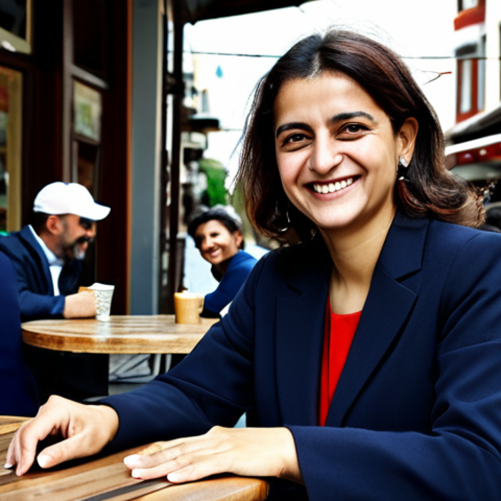 Mental Flexibility**
A Turkish businesswoman, fully clothed in a professional, modest blazer and trousers, is sitting at a cafe table outdoors. She is smiling warmly and looking at a diverse group of people engaged in conversation. The cafe is in a bustling Istanbul neighborhood. Safe for work, appropriate content, perfect anatomy, correct proportions, professional, family-friendly, well-formed hands, proper finger count, natural body proportions.
**