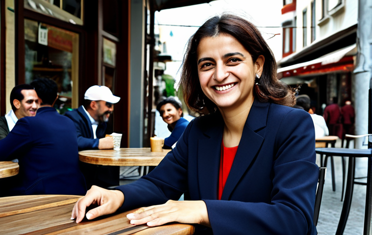 Mental Flexibility**
A Turkish businesswoman, fully clothed in a professional, modest blazer and trousers, is sitting at a cafe table outdoors. She is smiling warmly and looking at a diverse group of people engaged in conversation. The cafe is in a bustling Istanbul neighborhood. Safe for work, appropriate content, perfect anatomy, correct proportions, professional, family-friendly, well-formed hands, proper finger count, natural body proportions.
**