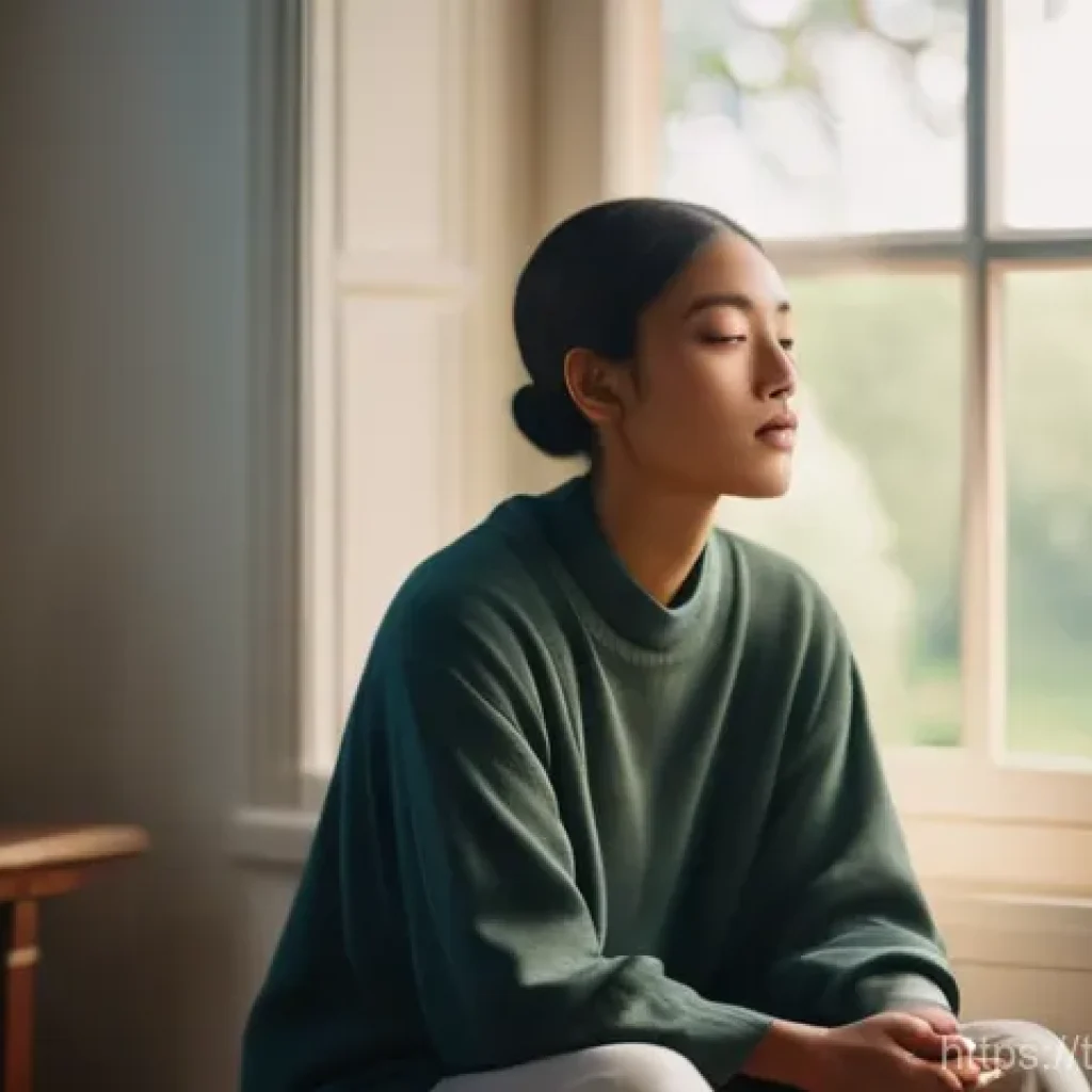 자기 대화의 긍정적 언어로 재구성하기 - **Inner Wisdom and Guidance:** A young adult, gender-neutral, wearing comfortable, modest clothing, ...