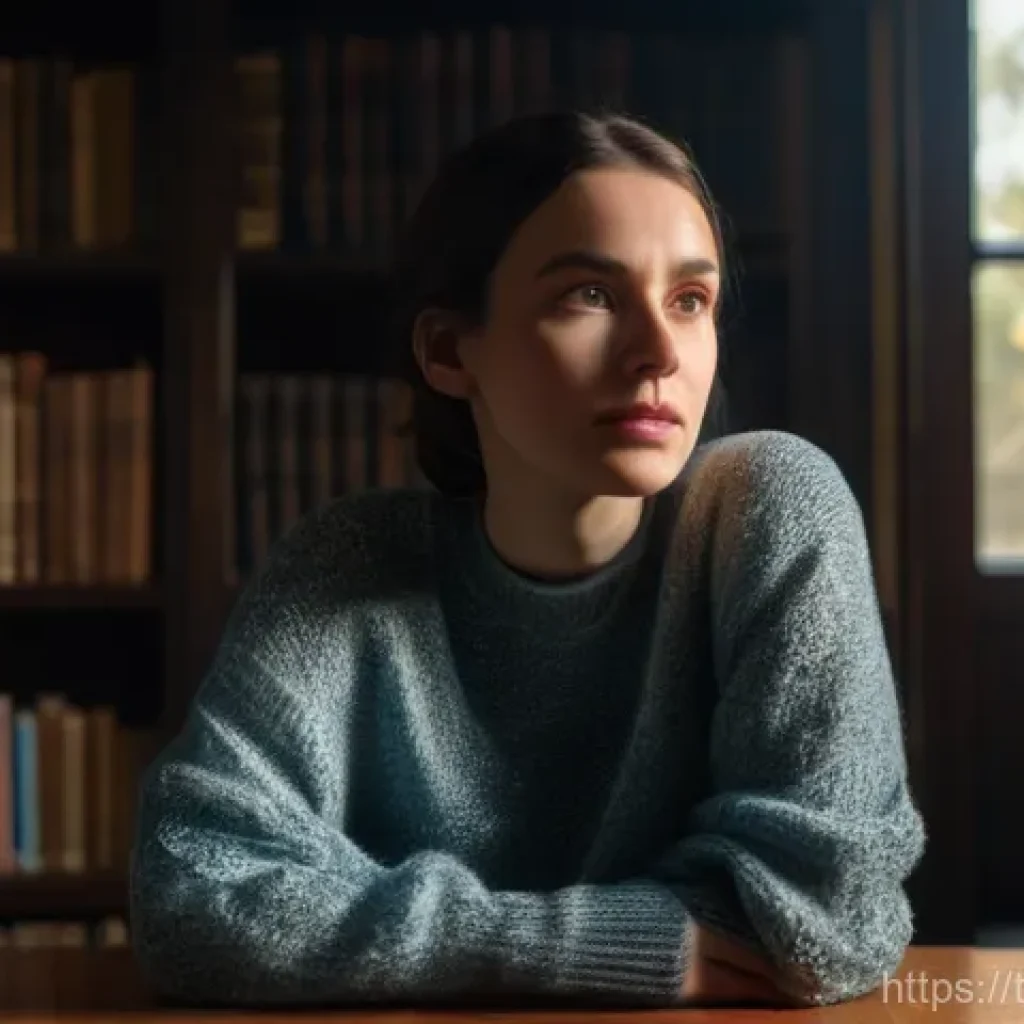 자기 대화의 부정적 영향 식별하기 - **"A woman (30s) wearing a comfortable, modest sweater and jeans sits at a wooden table, head slight...
