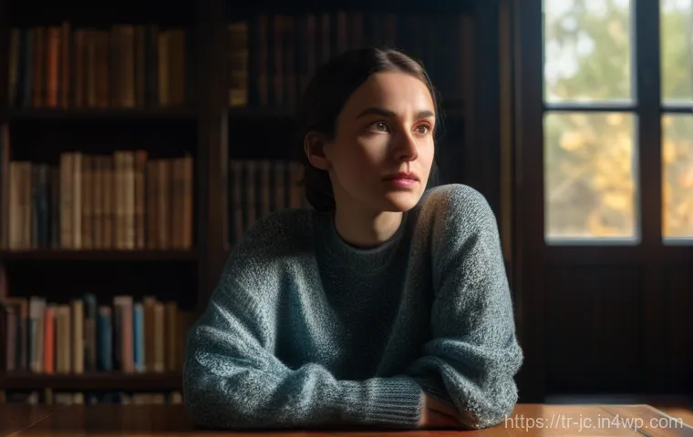 자기 대화의 부정적 영향 식별하기 - **"A woman (30s) wearing a comfortable, modest sweater and jeans sits at a wooden table, head slight...