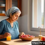 Home 21 자기 대화와 내면의 대화 개선하기 - A serene morning scene in a modern Turkish home kitchen, a middle-aged Turkish woman thoughtfully ch...