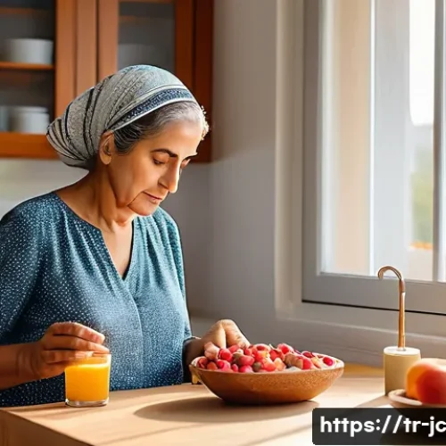 Home 33 자기 대화와 내면의 대화 개선하기 - A serene morning scene in a modern Turkish home kitchen, a middle-aged Turkish woman thoughtfully ch...