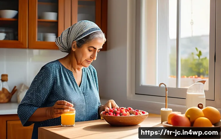 자기 대화와 내면의 대화 개선하기 - A serene morning scene in a modern Turkish home kitchen, a middle-aged Turkish woman thoughtfully ch...