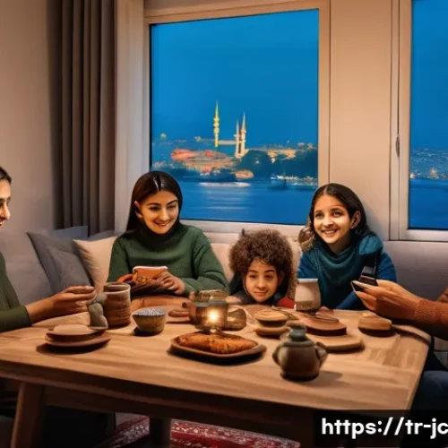 Home 32 자기 대화의 변화와 지속 가능성 - A modern Turkish family gathered in a cozy living room, engaging in a meaningful video call on a lar...