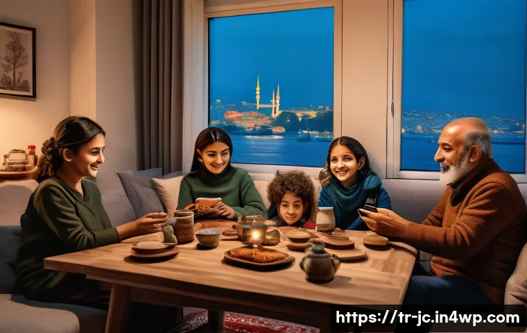 자기 대화의 변화와 지속 가능성 - A modern Turkish family gathered in a cozy living room, engaging in a meaningful video call on a lar...