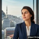 Home 19 자기 대화 기술을 활용한 성공 사례 - A serene office scene in Istanbul, featuring a confident Turkish woman in business casual attire pra...