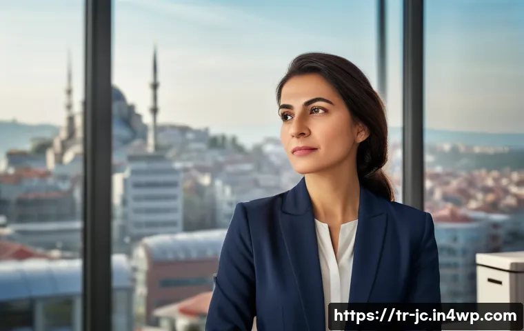 자기 대화 기술을 활용한 성공 사례 - A serene office scene in Istanbul, featuring a confident Turkish woman in business casual attire pra...