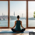 Home 18 자기 대화 개선을 위한 동기 부여 방법 - A serene morning scene in a modern Turkish apartment featuring a young woman practicing meditation a...