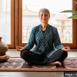 Home 23 자기 대화의 본질 이해하기 - A serene and cozy Turkish living room scene featuring a middle-aged woman sitting cross-legged on a ...