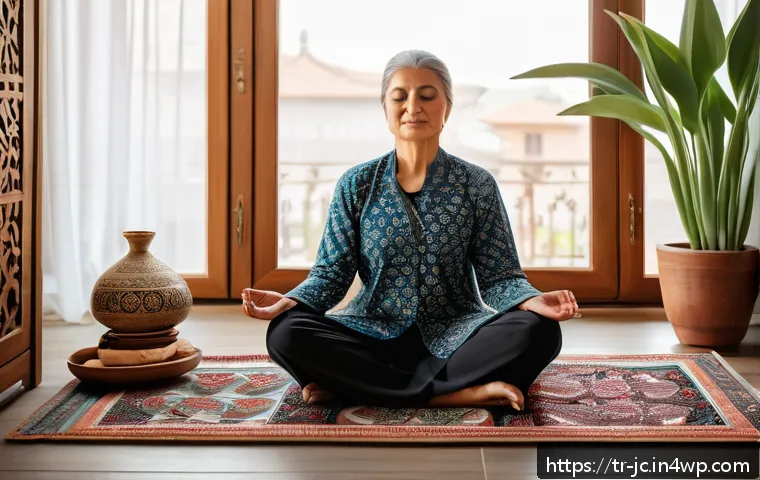 자기 대화의 본질 이해하기 - A serene and cozy Turkish living room scene featuring a middle-aged woman sitting cross-legged on a ...