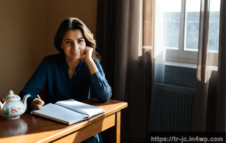Home 17 자기 대화와 심리적 저항 극복하기 - Photorealistic Turkish woman in her early 40s sitting alone at a tidy apartment desk in Istanbul, ca...